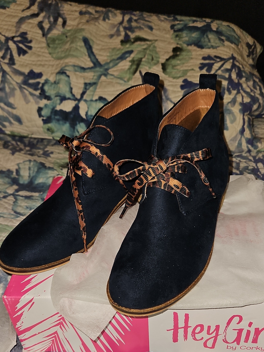 Corkys Navy Suede Ankle Booties with Leopard-Print Laces